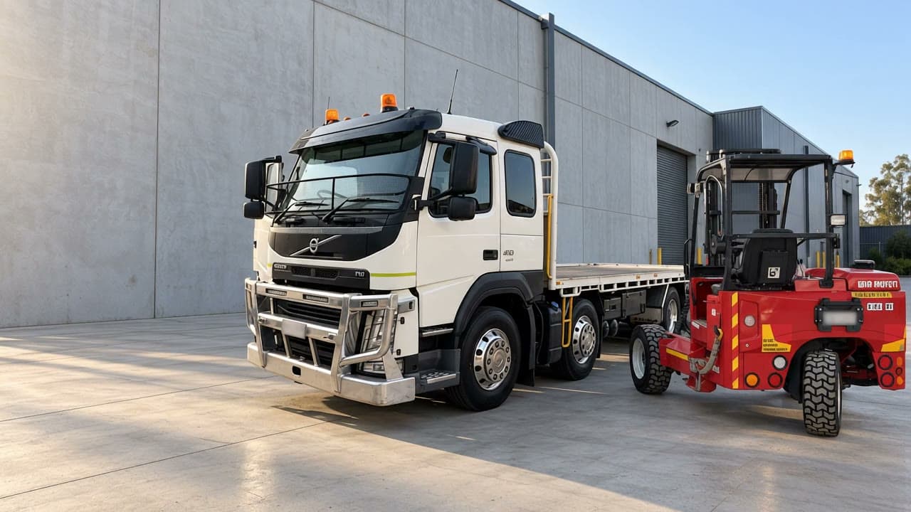 Mr Moffett Volvo tray truck and red all-terrain forklift outside a warehouse